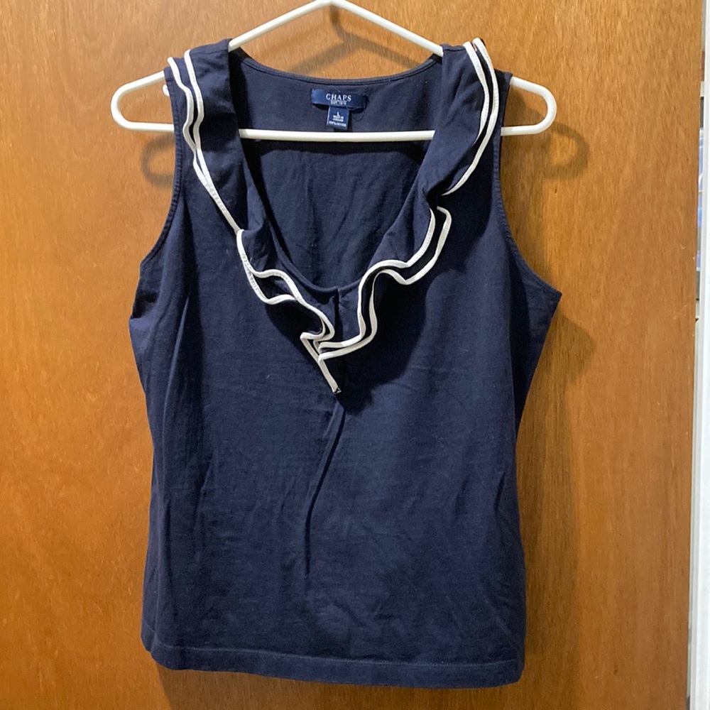 Chaps - Dark Blue Tank Top with V-neck ruffles topped with white piping